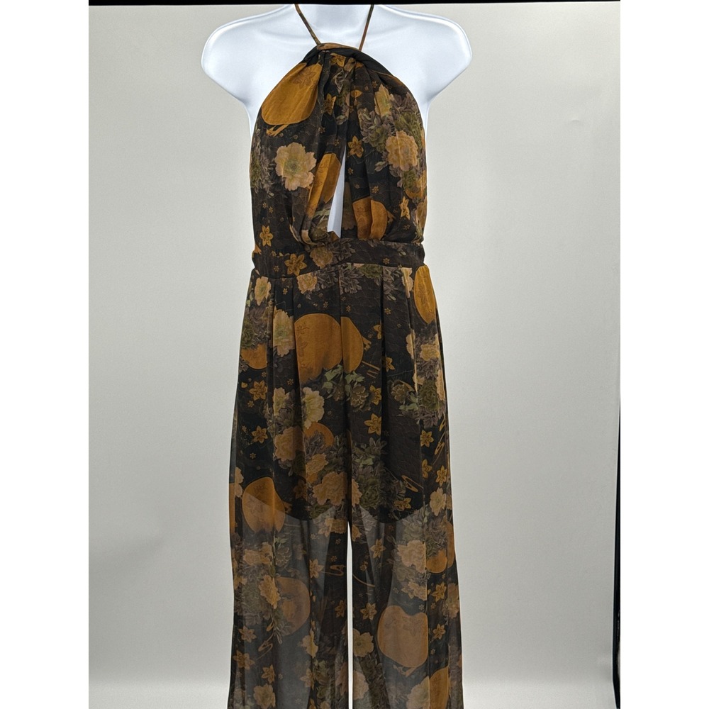 Aakaa Floral Halter Jumpsuit Wide Leg Open Back Keyhole Brown Mustard Large NWT